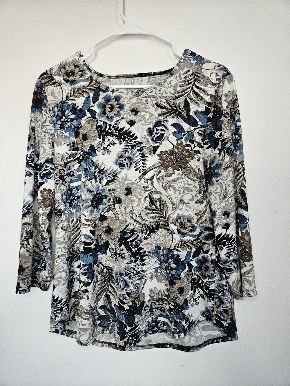 Floral Paisley 3/4 Sleeve Top Blue Brown Cream Casual Blouse Women's🔥